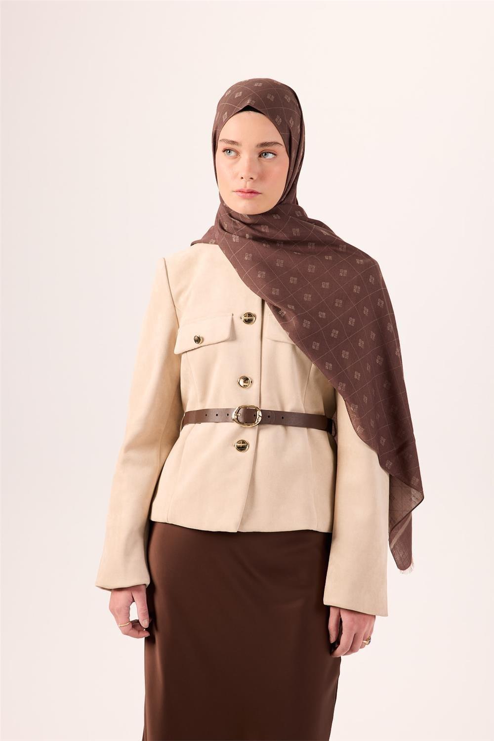 Pamuk Polyester Liva Şal Kahverengi Vizon Desenli Tok Duruşlu 90x200