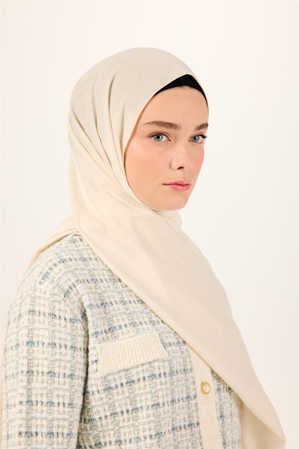 Pamuk Polyester Liva Şal Ekru Düz Dokulu Nefes Alan 90x200