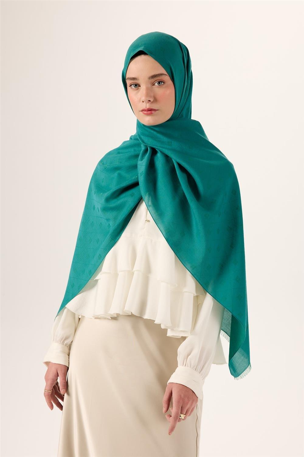 Pamuk Polyester Liva Şal Yeşil Düz Dokulu Nefes Alan 90x200