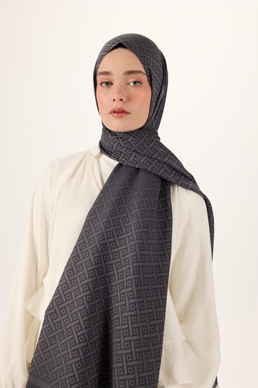 Pamuk Polyester Liva Şal Gri Desenli Dokulu Nefes Alan 90x200