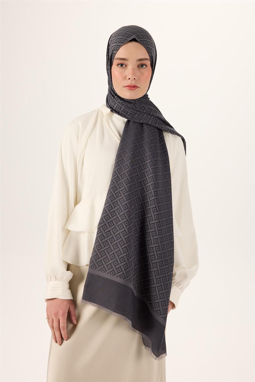 Pamuk Polyester Liva Şal Gri Desenli Dokulu Nefes Alan 90x200