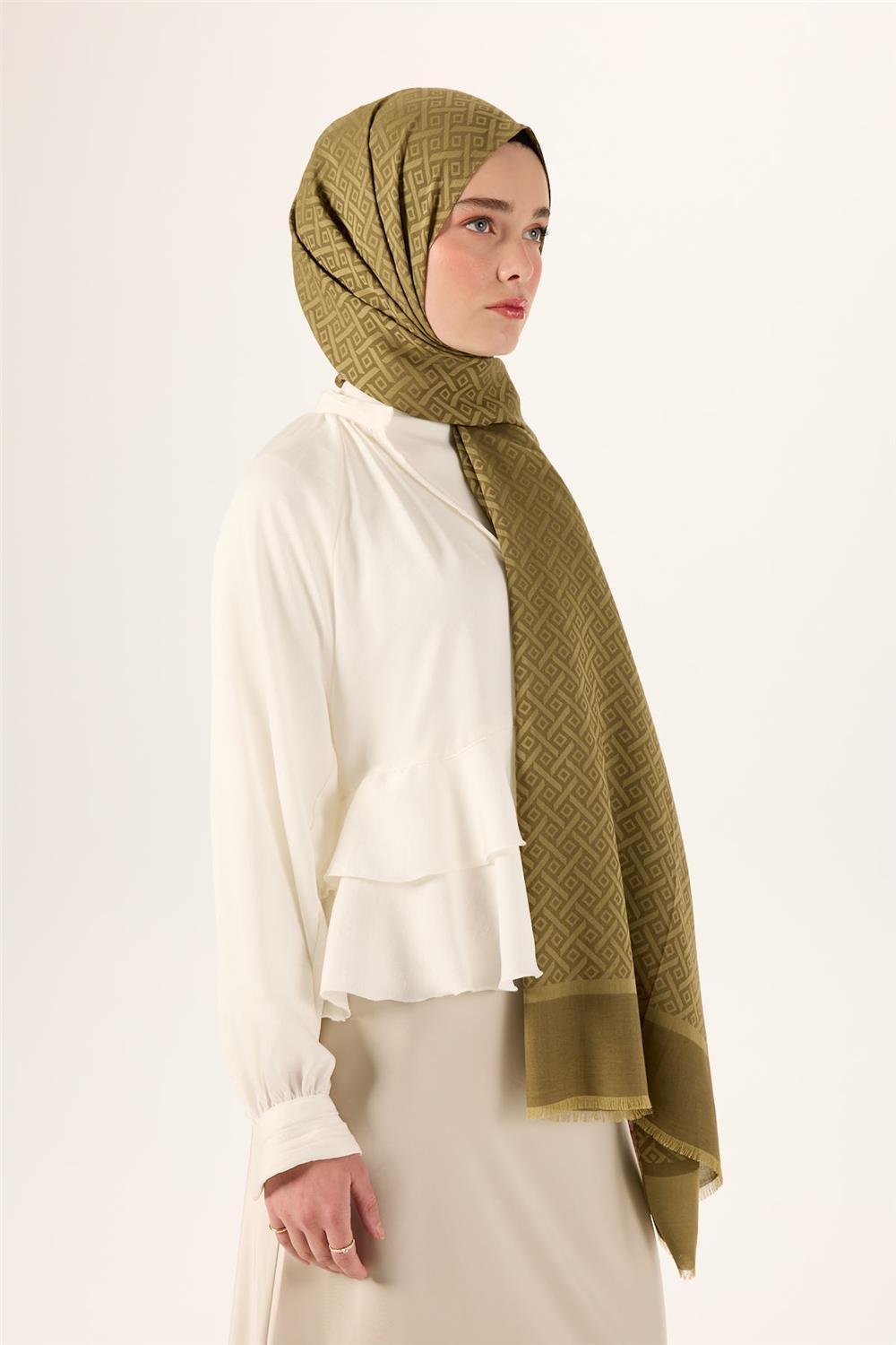 Pamuk Polyester Liva Şal Olive Desenli Tok Duruşlu 90x200