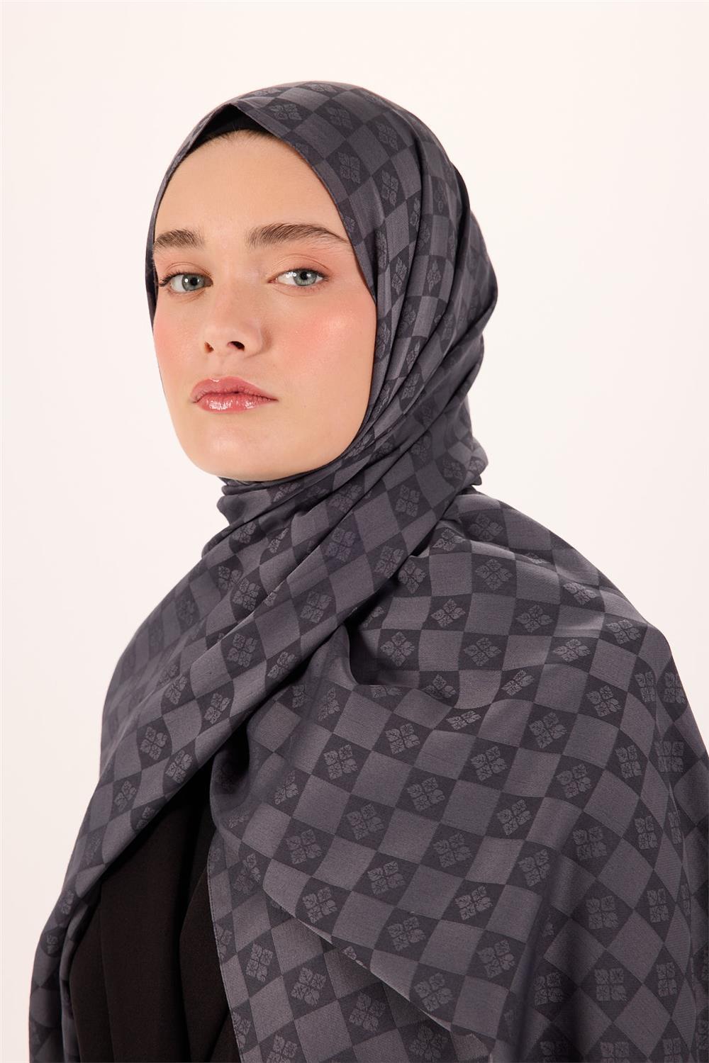 Pamuk Polyester Liva Şal Açık Gri Desenli Tok Duruşlu 90x200