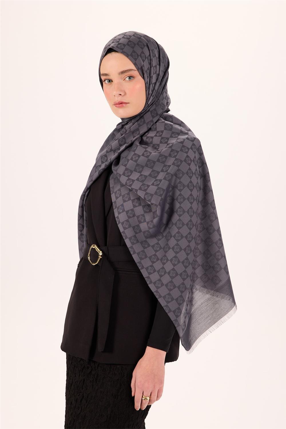 Pamuk Polyester Liva Şal Açık Gri Desenli Tok Duruşlu 90x200