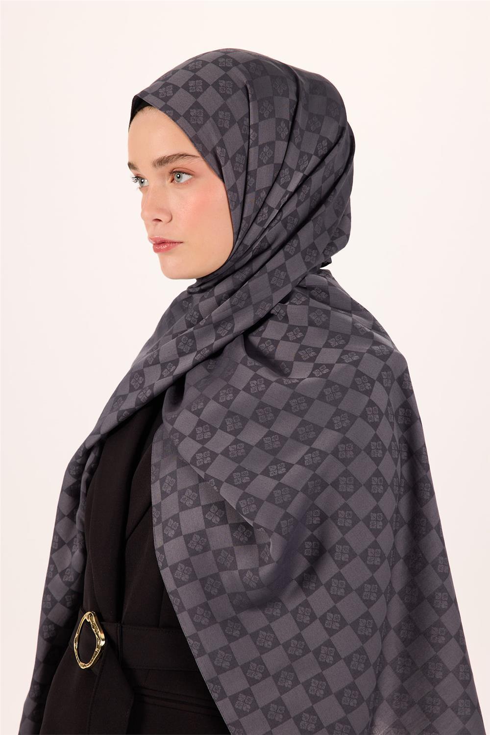 Pamuk Polyester Liva Şal Açık Gri Desenli Tok Duruşlu 90x200