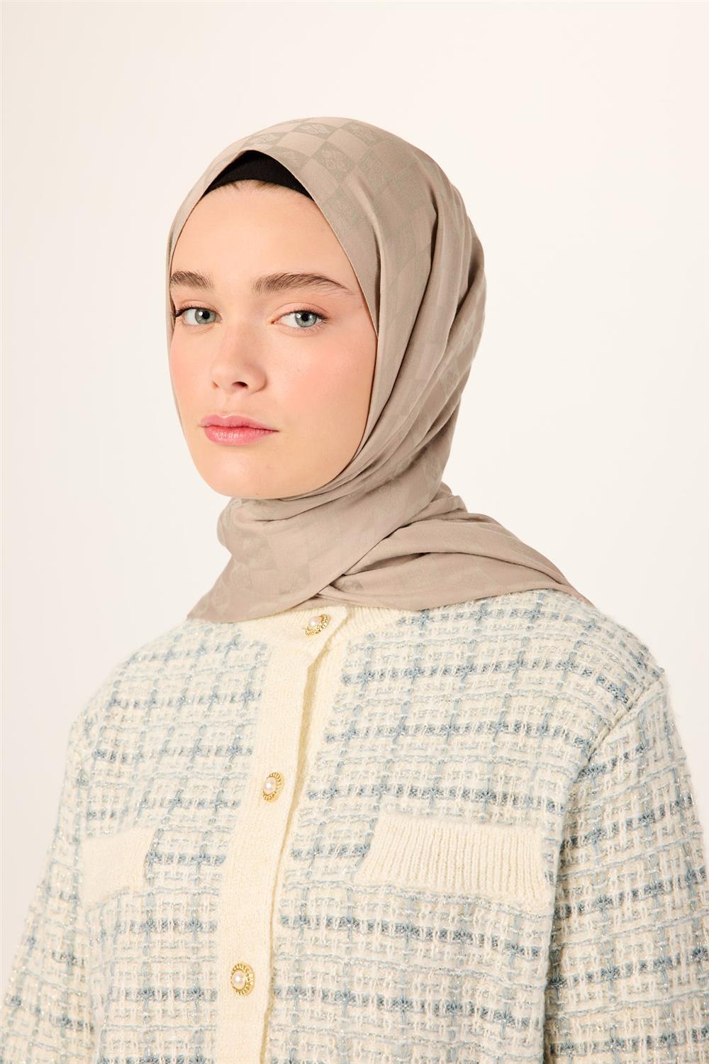 Pamuk Karışımlı Liva Şal Koyu Bej Desenli Tok Duruşlu Nefes Alan 90x200