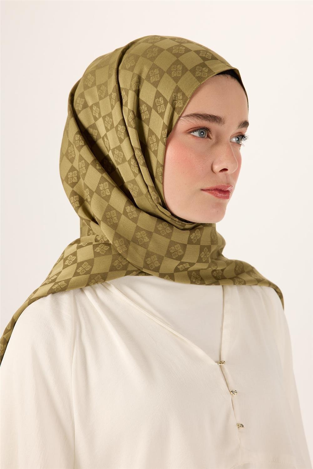 Pamuk Karışımlı Liva Şal Zeytin Yeşili Desenli Nefes Alan Dokulu 90x200