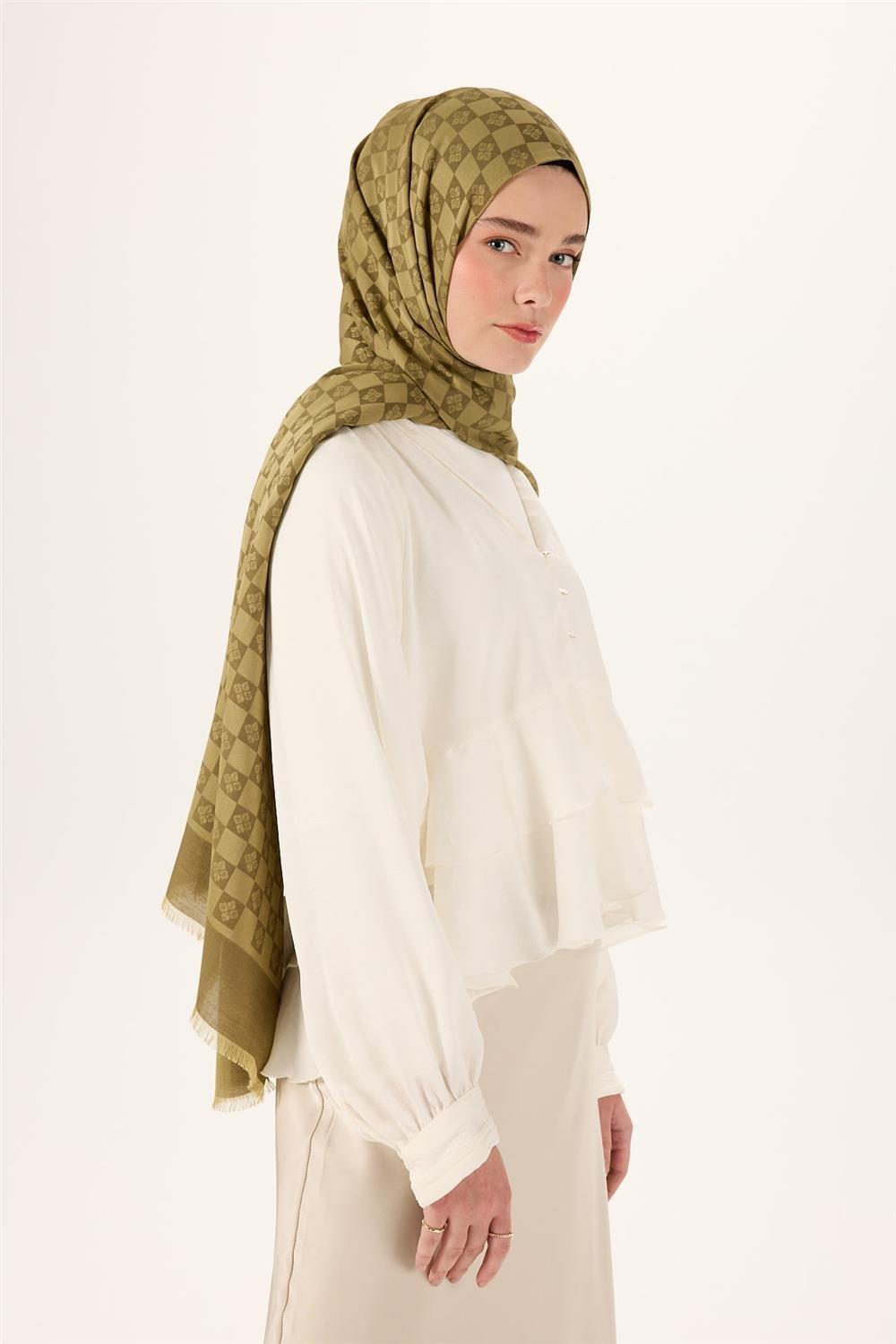 Pamuk Karışımlı Liva Şal Zeytin Yeşili Desenli Nefes Alan Dokulu 90x200