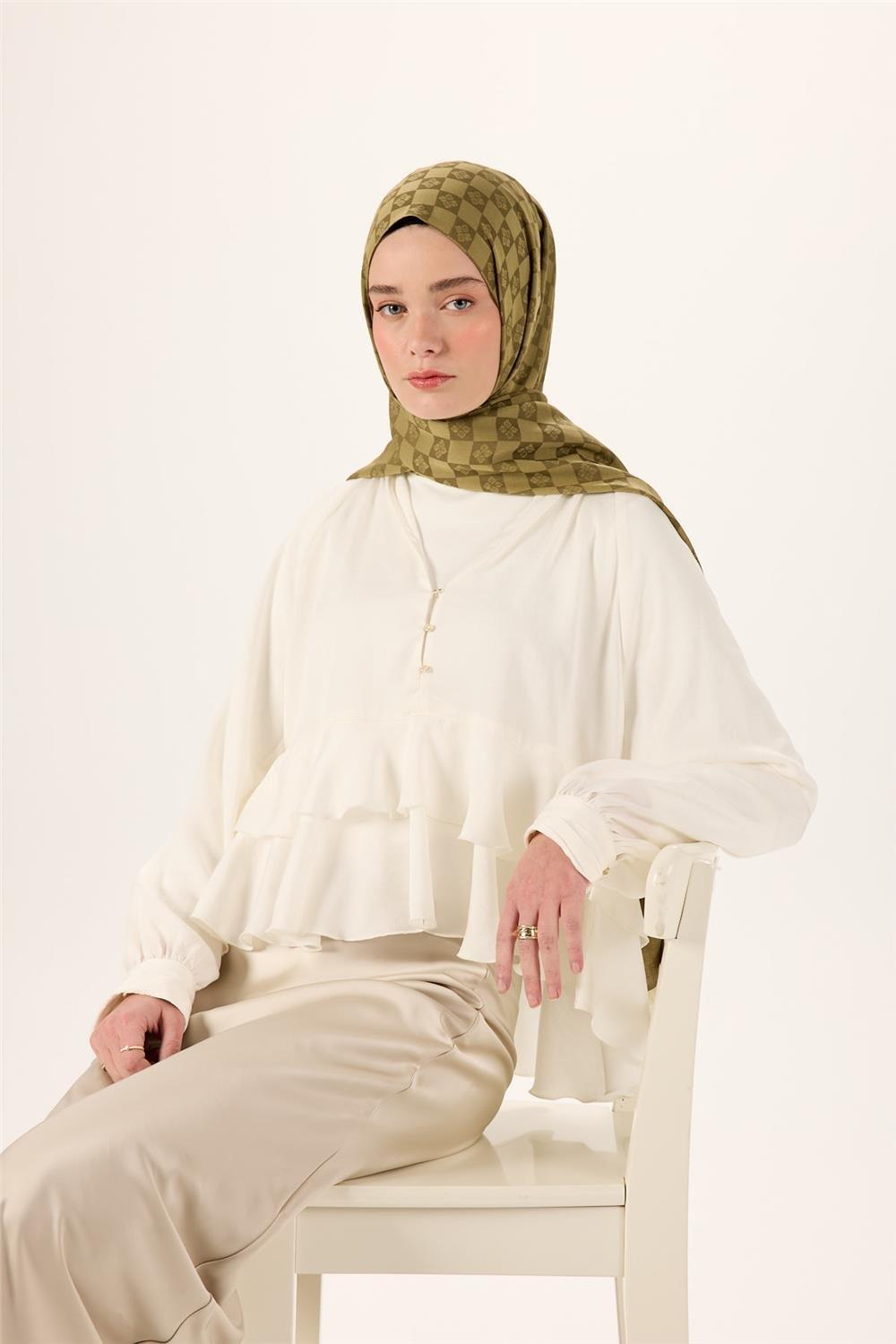 Pamuk Karışımlı Liva Şal Zeytin Yeşili Desenli Nefes Alan Dokulu 90x200