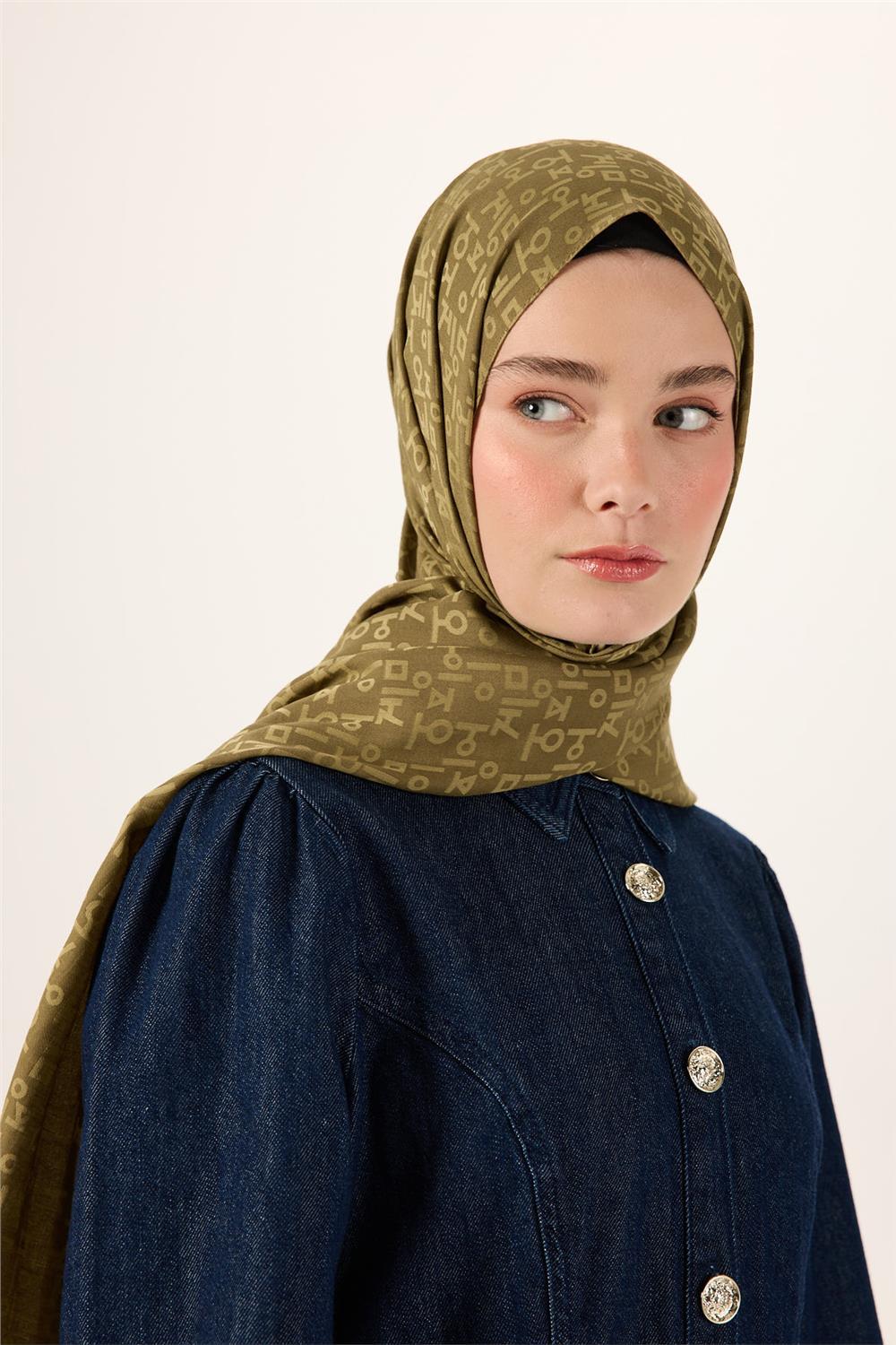 Pamuk Polyester Liva Şal Zeytin Yeşili Kaymaz Tok Duruşlu 90x200