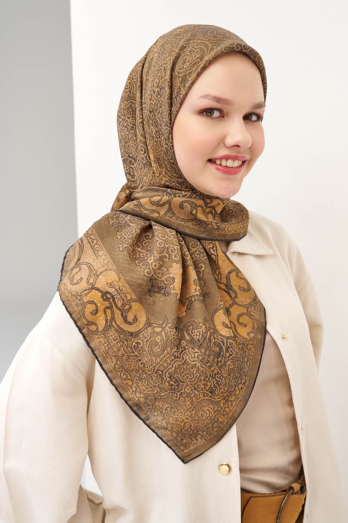 Monare Eşarp Etnik Motif Yeşil Kahve 90x90