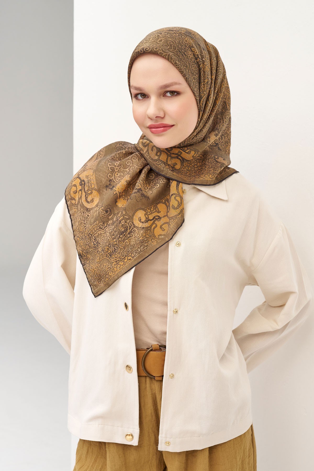 Monare Eşarp Etnik Motif Yeşil Kahve 90x90