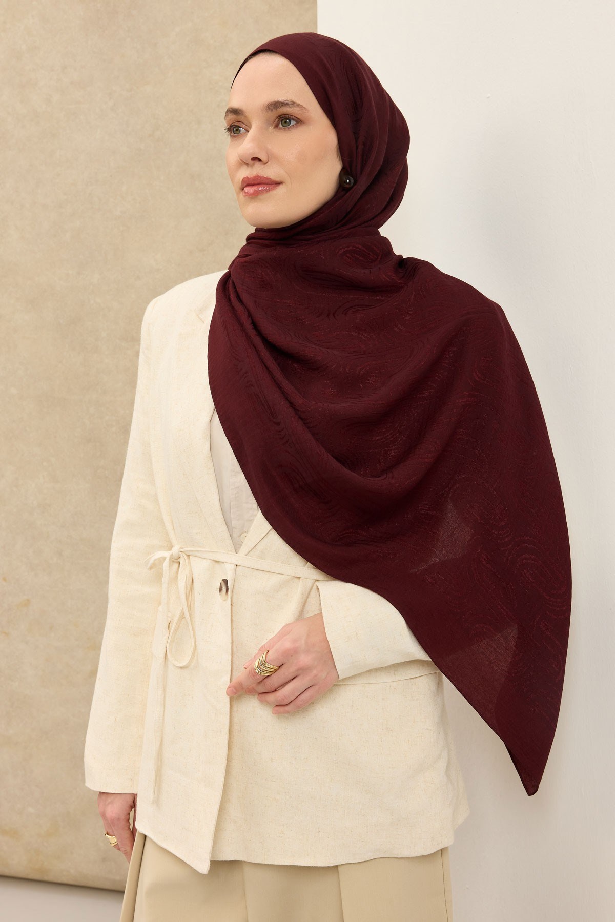 Naia Pamuk Şal Line Desen Bordo
