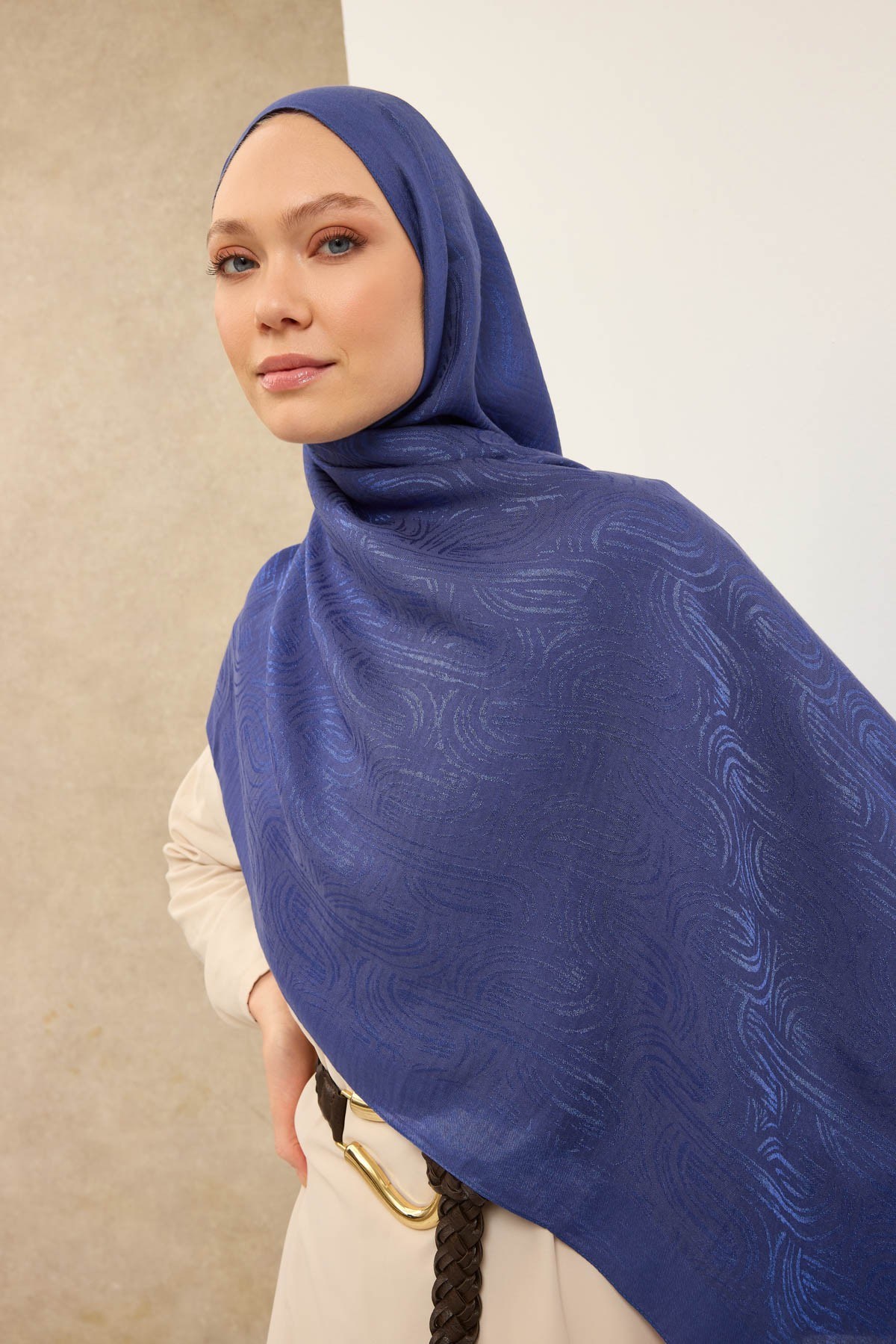 Naia Pamuk Şal Line Desen Saks