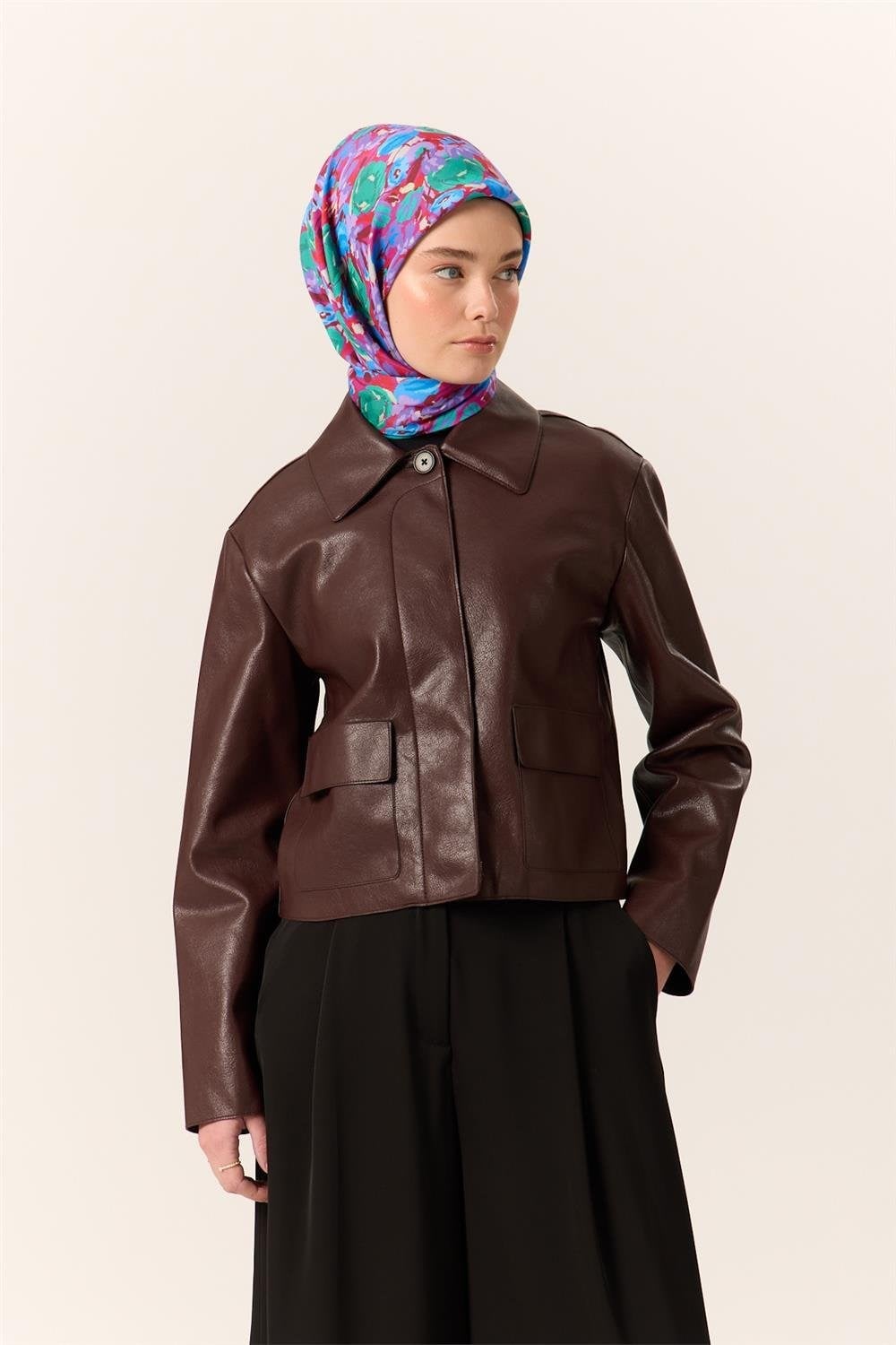Organik Pamuk İpek Eşarp Fuşya Patina Mavi Çiçek Desenli Tok Duruşlu 90X90