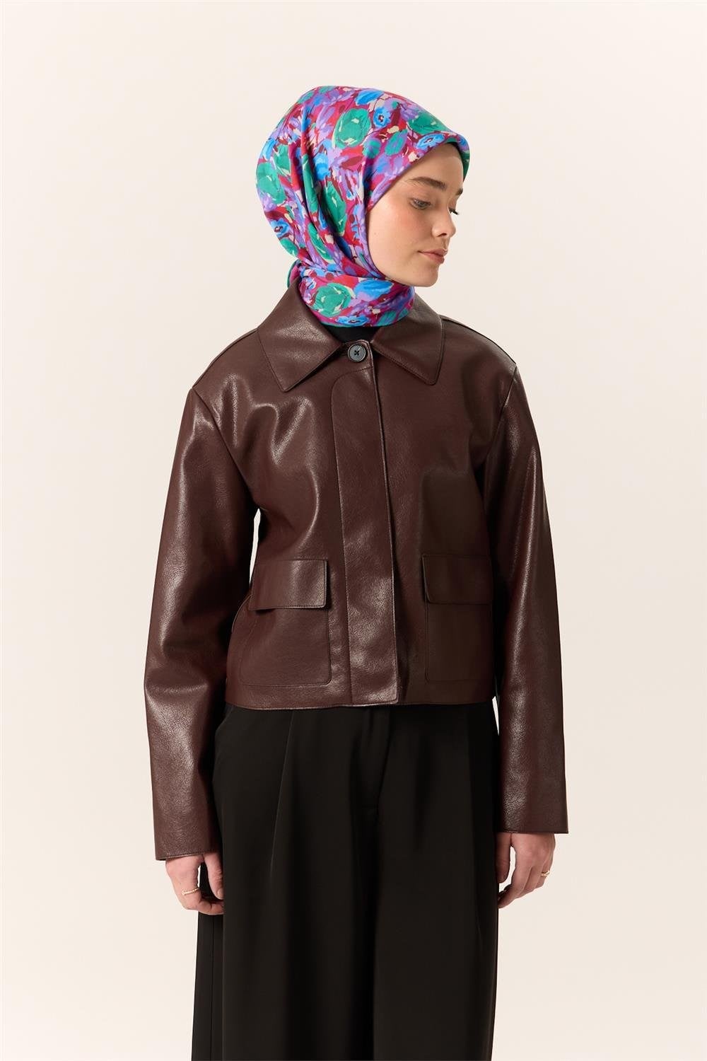 Organik Pamuk İpek Eşarp Fuşya Patina Mavi Çiçek Desenli Tok Duruşlu 90X90