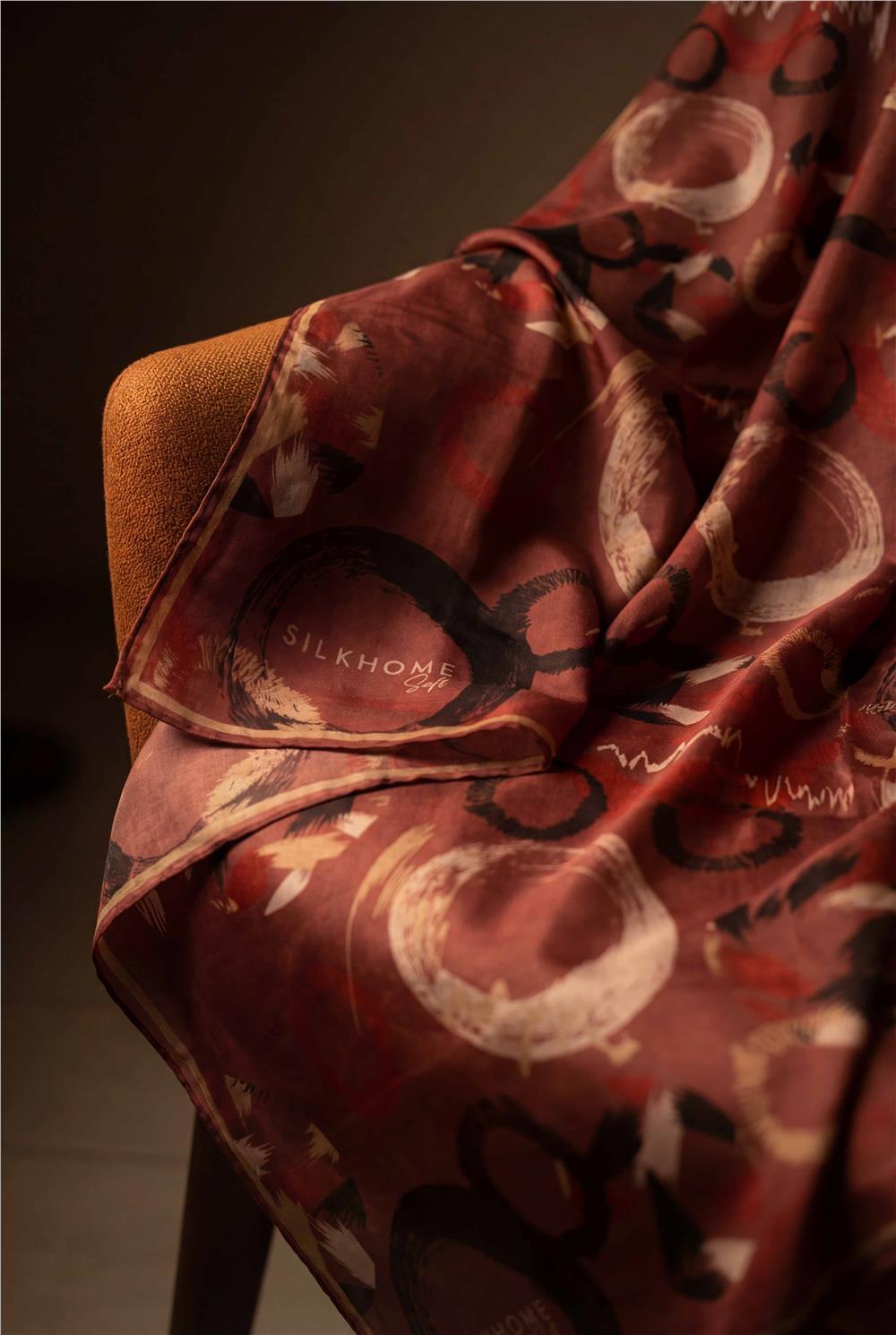 Pamuk Karışımlı Eşarp Kiremit Rengi Soyut Geometrik Desenli Soft Dokulu Kaymaz 90x90