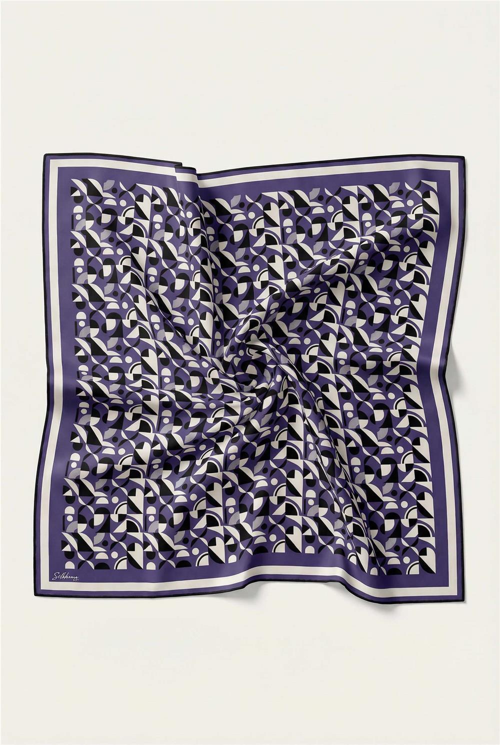 Pamuk Karışımlı Eşarp Mor Retro Geometrik Desenli Soft Dokulu Kaymaz 90x90