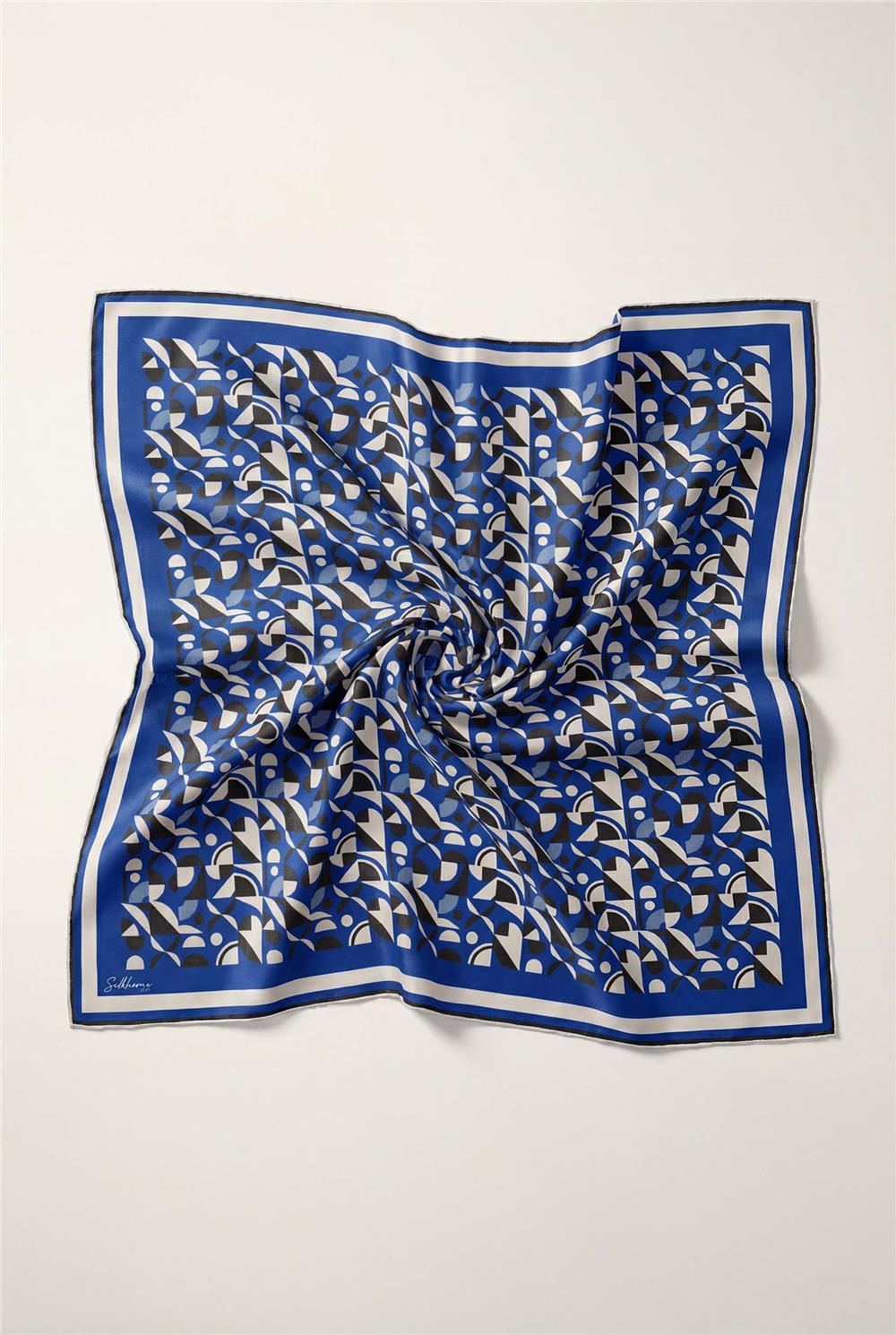 Pamuk Karışımlı Eşarp Saks Retro Geometrik Desenli Soft Dokulu Kaymaz 90x90