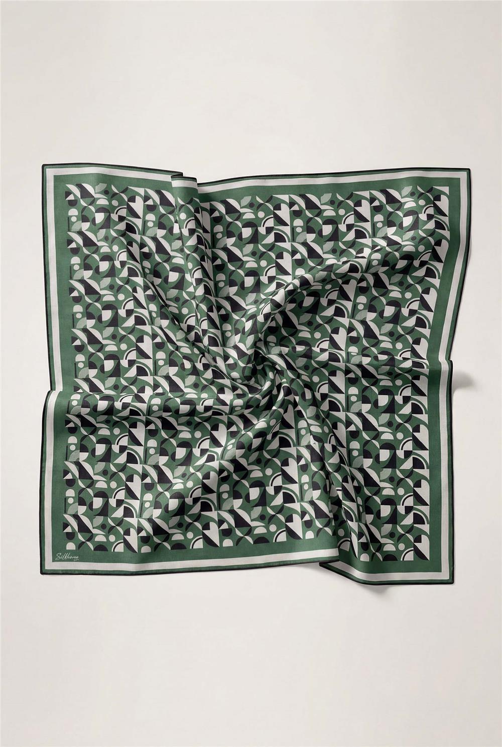 Pamuk Karışımlı Eşarp Yeşil Retro Geometrik Desenli Soft Dokulu Kaymaz 90x90