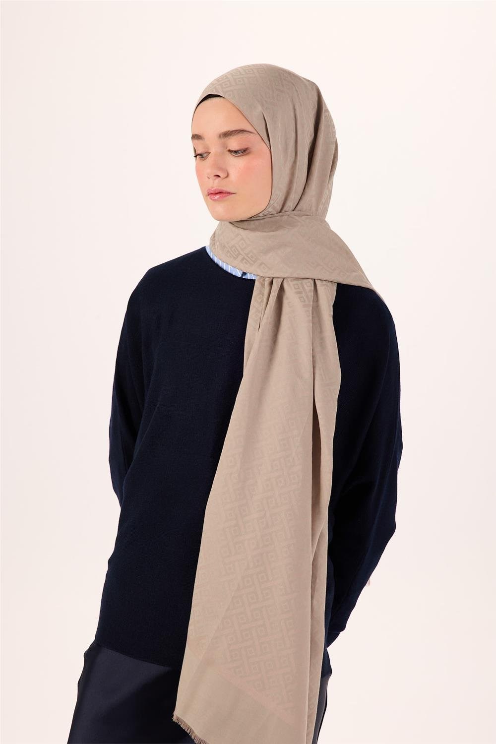 Pamuk Polyester Liva Şal Koyu Bej Dokulu Nefes Alan Doğal Yapılı 90X200