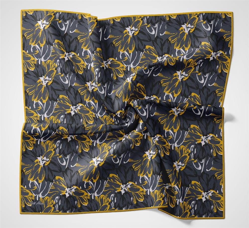 Pamuk Polyester Eşarp Petrol Mavisi Botanik Desenli Soft Dokulu Kaymaz 90x90