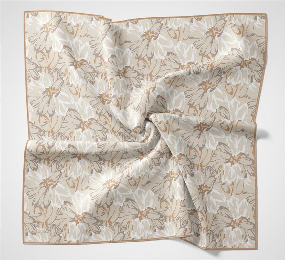 Pamuk Polyester Soft Eşarp Bej Botanik Desenli Tok Duruşlu 90x90