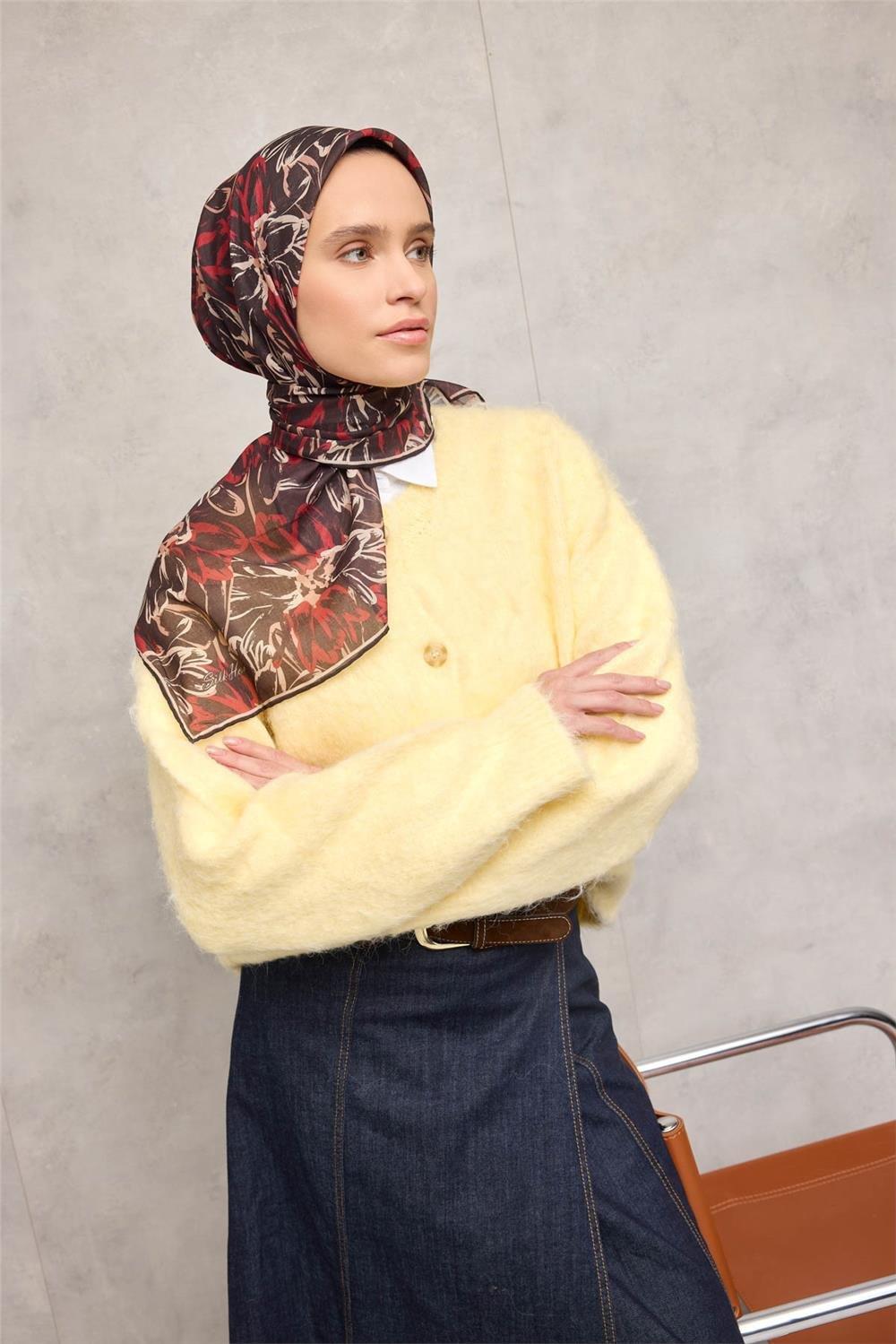 Pamuk Polyester Eşarp Siyah-Bordo Bej Kavuniçi Botanik Desenli Soft Dokulu Tok Duruşlu 90x90