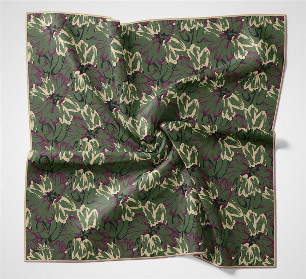 Pamuk Polyester Eşarp Çimen Yeşili-Fuşya Bej Siyah Botanik Desenli Soft Dokulu Tok Duruşlu 90x90