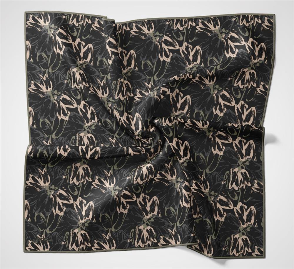 Pamuk Polyester Eşarp Siyah-Antrasit Bej Yeşil Botanik Desenli Soft Dokulu Tok Duruşlu 90x90