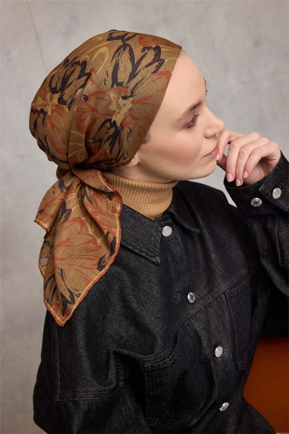 Pamuk Polyester Soft Eşarp Olive Botanik Desenli Tok Duruşlu 90x90