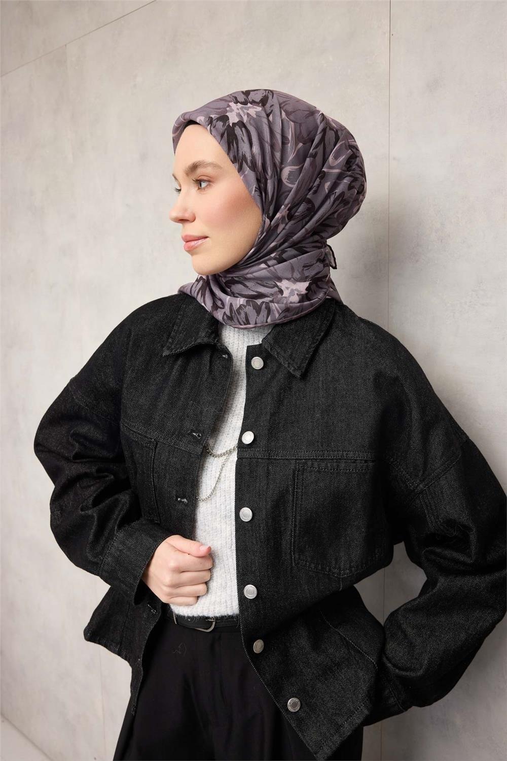 Pamuk Polyester Soft Eşarp Soluk Mor Botanik Desenli Kaymaz Dokulu Tok Duruşlu 90x90