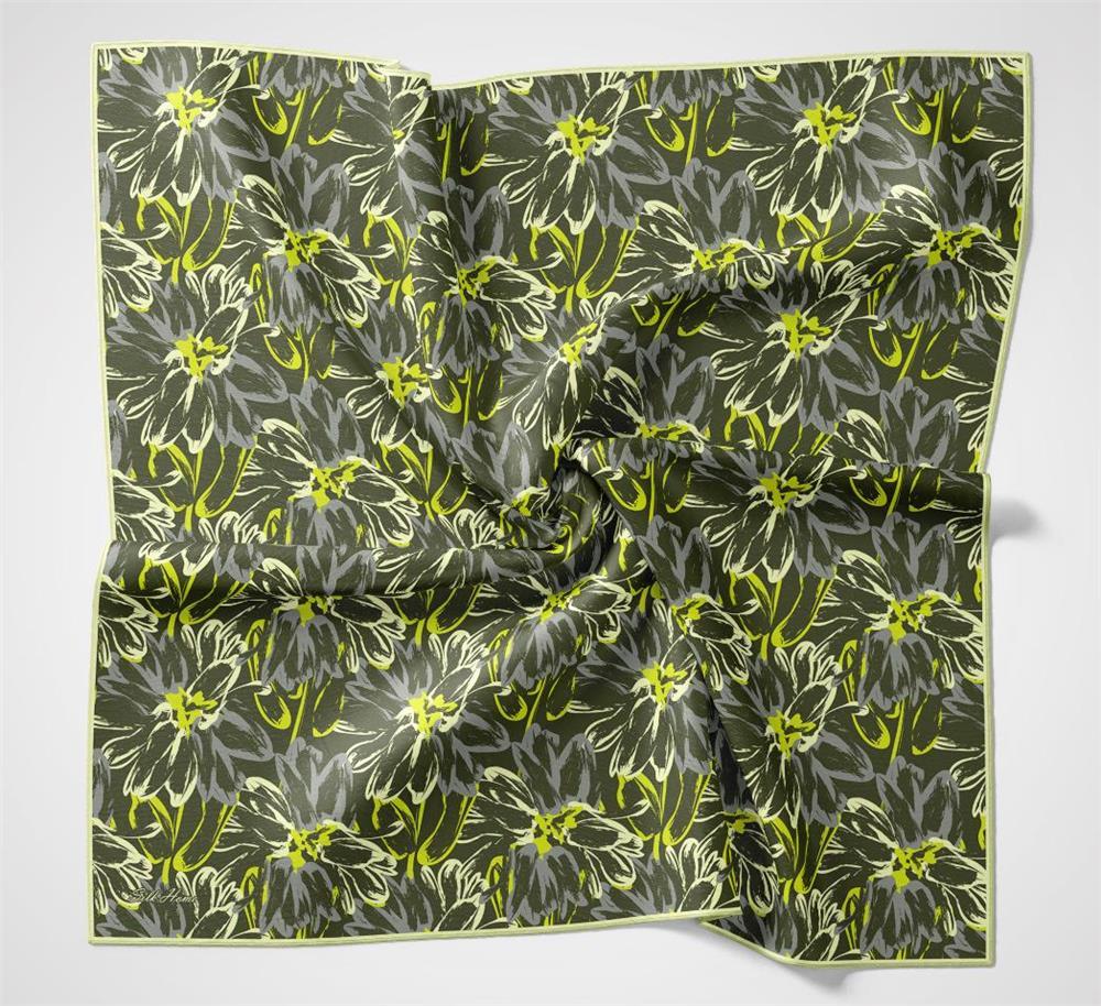Pamuk Polyester Eşarp Yeşil-Fosfor Sarı Gri Krem Botanik Desenli Soft Dokulu Tok Duruşlu 90x90