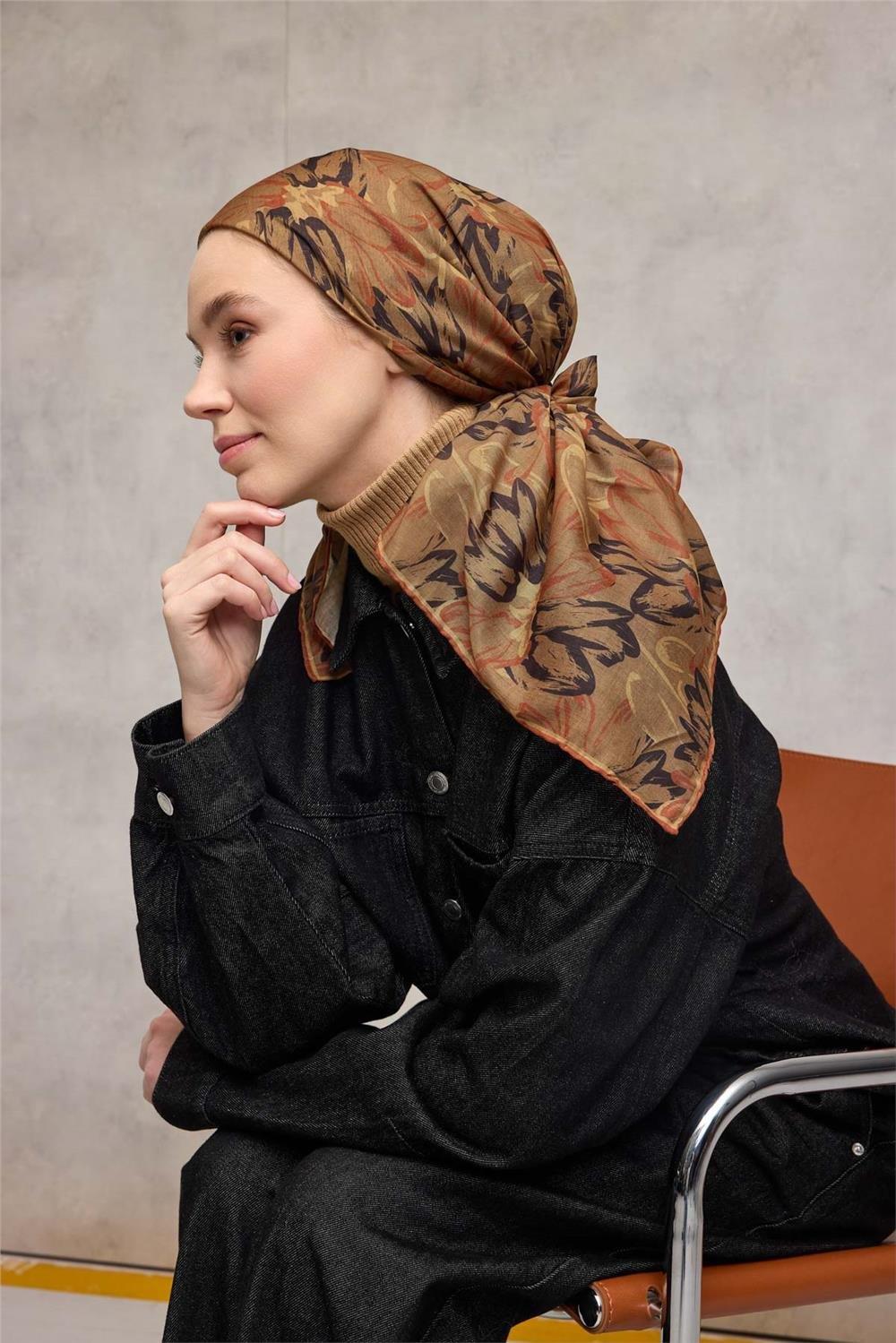 Pamuk Polyester Soft Eşarp Olive Botanik Desenli Tok Duruşlu 90x90