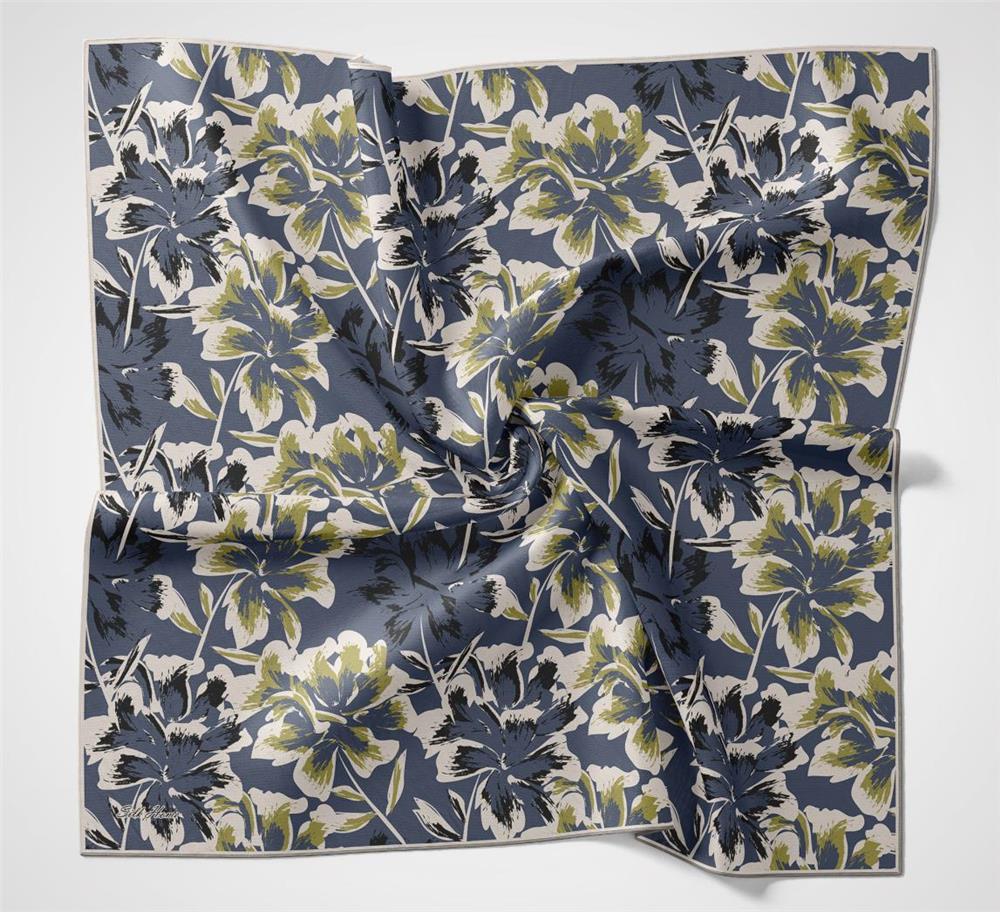 Pamuk Polyester Eşarp Mavi Büyük Papatya Desenli Soft Dokulu Kaymaz 90x90