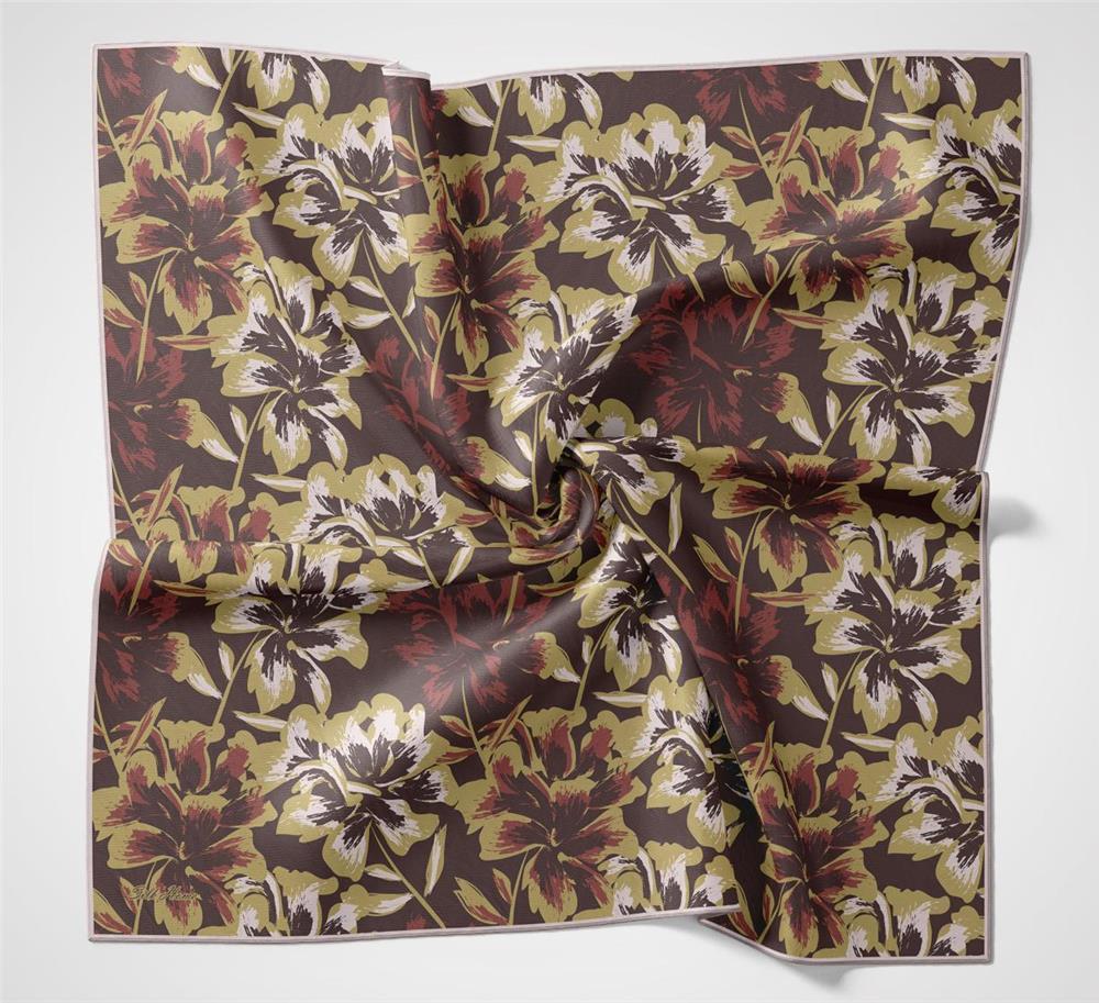 Pamuk Polyester Soft Eşarp Kahverengi Büyük Papatya Desenli Kaymaz Dokulu 90x90
