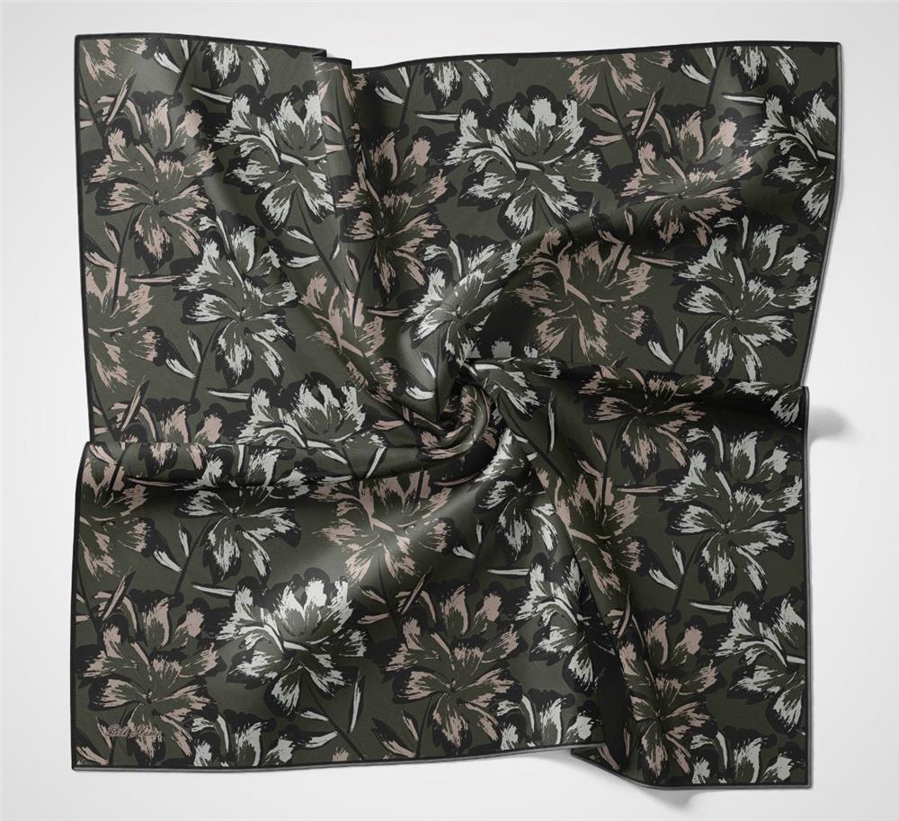 Pamuk Polyester Eşarp Asker Yeşili Büyük Papatya Desenli Soft Dokulu Kaymaz 90x90
