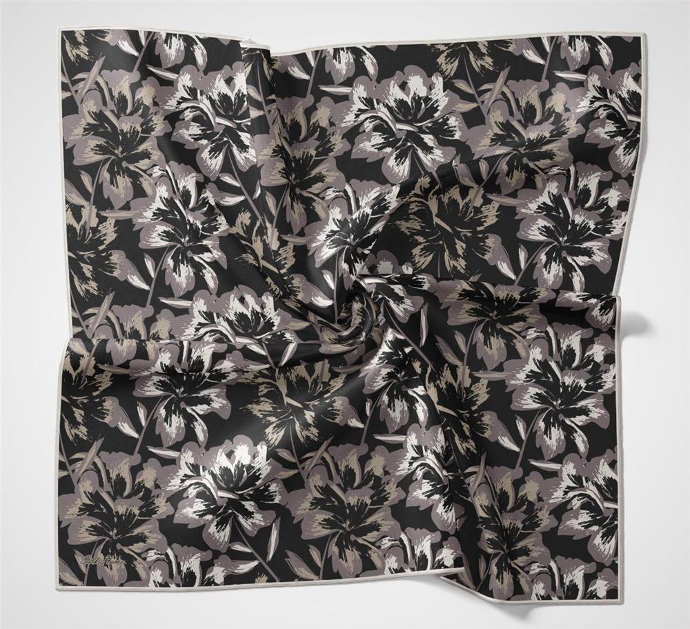 Pamuk Polyester Eşarp Siyah Büyük Papatya Desenli Soft Dokulu Kaymaz 90x90