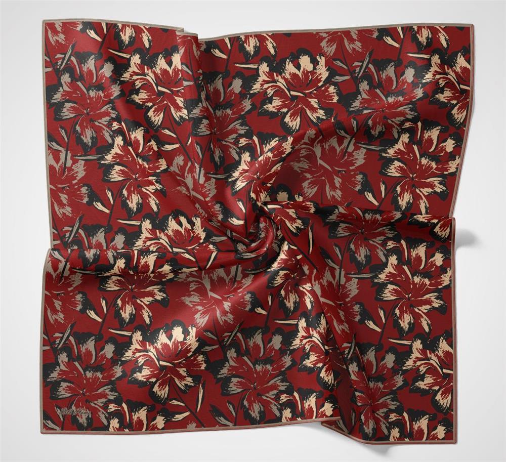Pamuk Polyester Eşarp Bayrak Kırmızısı Büyük Papatya Desenli Soft Dokulu Kaymaz 90x90