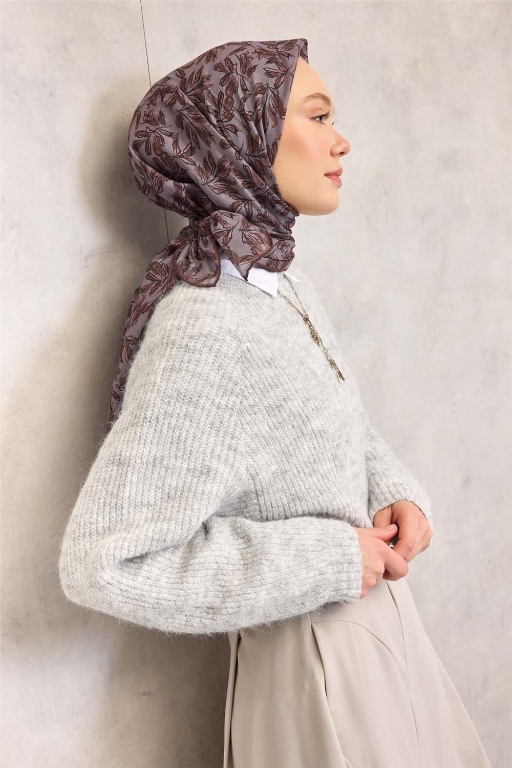 Pamuk Polyester Soft Eşarp Kahve Ton Çiçek Desenli Kaymaz Dokulu 90x90