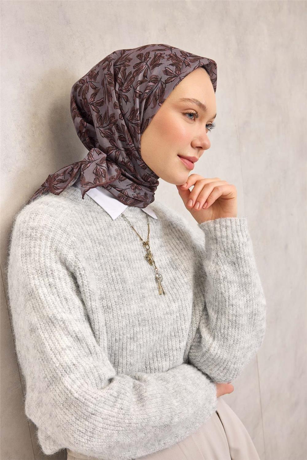 Pamuk Polyester Soft Eşarp Kahve Ton Çiçek Desenli Kaymaz Dokulu 90x90