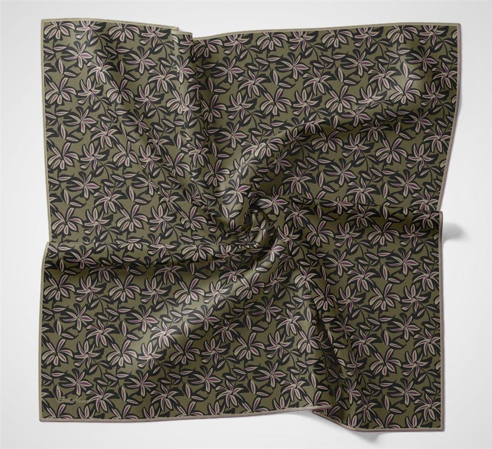 Pamuk Polyester Soft Eşarp Asker Yeşili Flora Desenli Kaymaz Dokulu 90x90