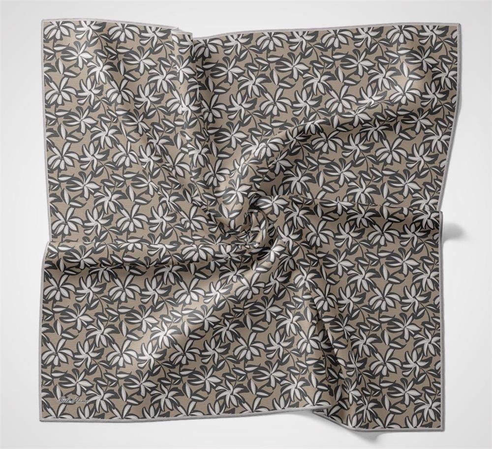 Pamuk Polyester Soft Eşarp Bej Flora Desenli Kaymaz Dokulu 90x90