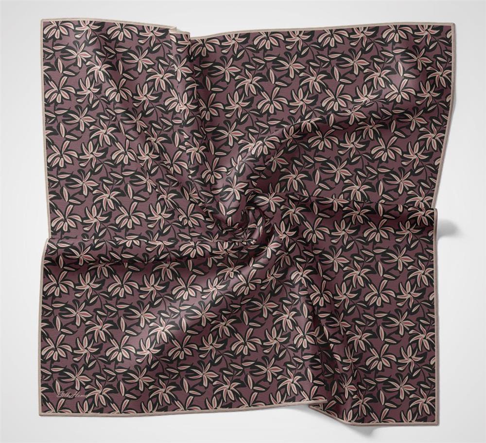 Pamuk Polyester Soft Eşarp Kiremit-Mürdüm Flora Desenli Kaymaz Dokulu 90x90