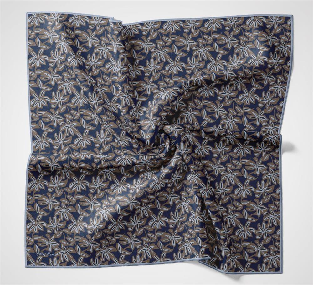 Pamuk Polyester Soft Eşarp Mavi Flora Desenli Kaymaz Dokulu 90x90