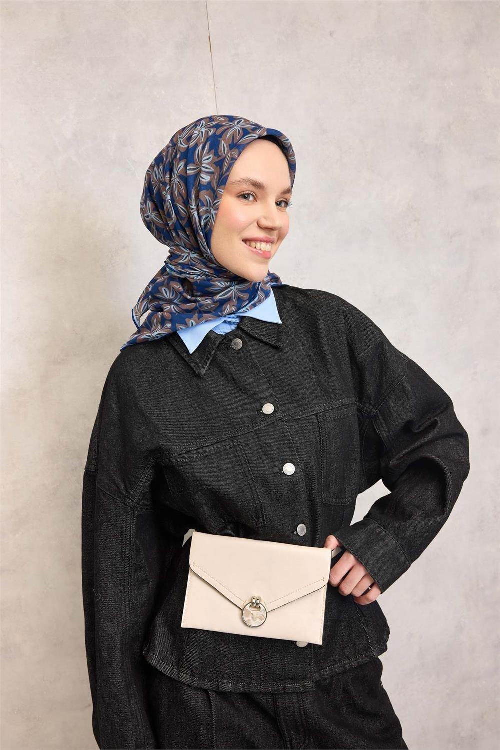 Pamuk Polyester Soft Eşarp Mavi Flora Desenli Kaymaz Dokulu 90x90