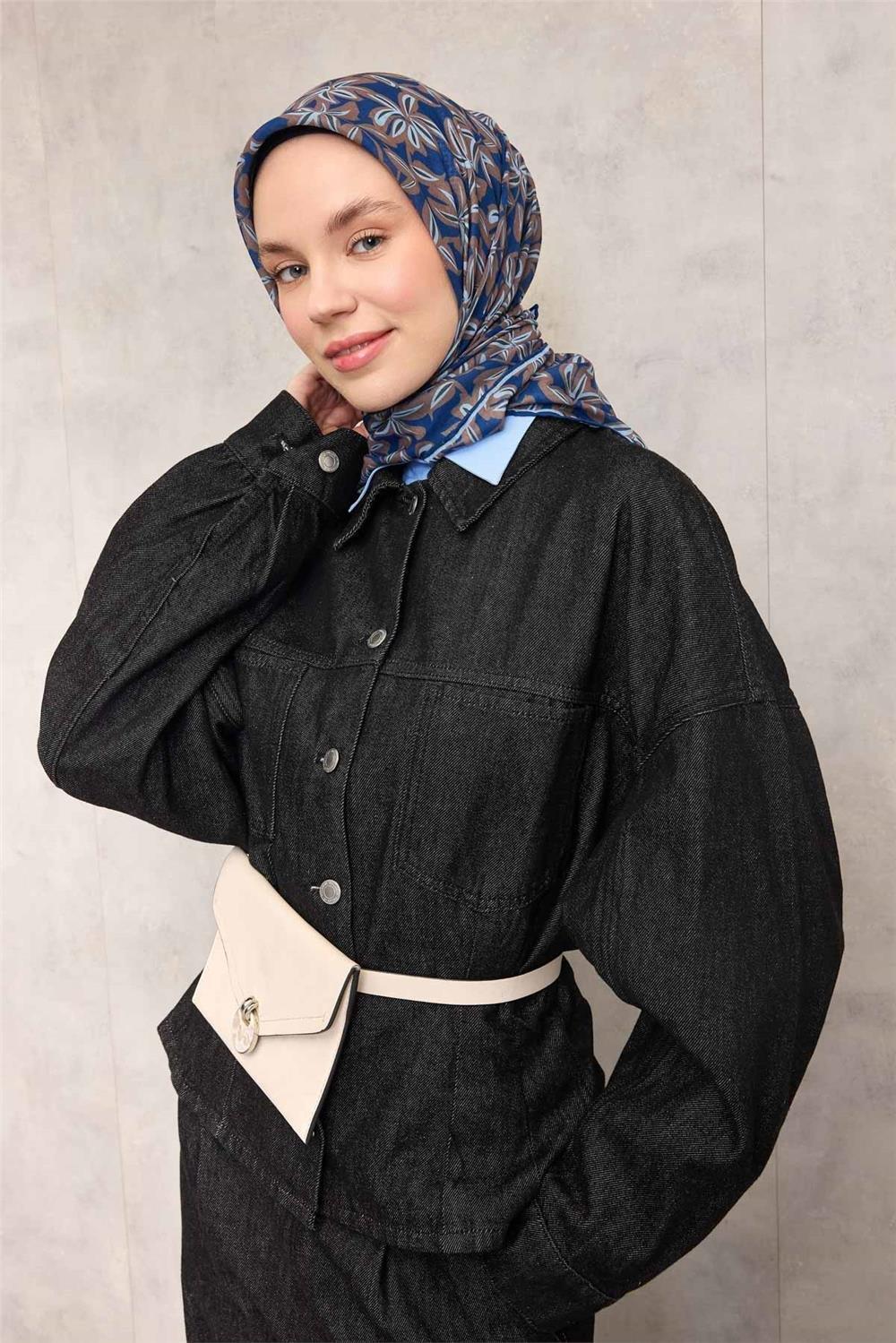 Pamuk Polyester Soft Eşarp Mavi Flora Desenli Kaymaz Dokulu 90x90