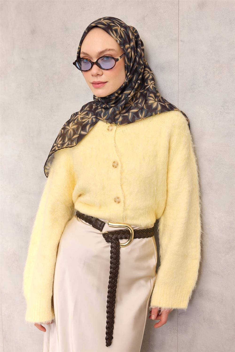 Pamuk Polyester Soft Eşarp Siyah Flora Desenli Kaymaz Dokulu 90x90