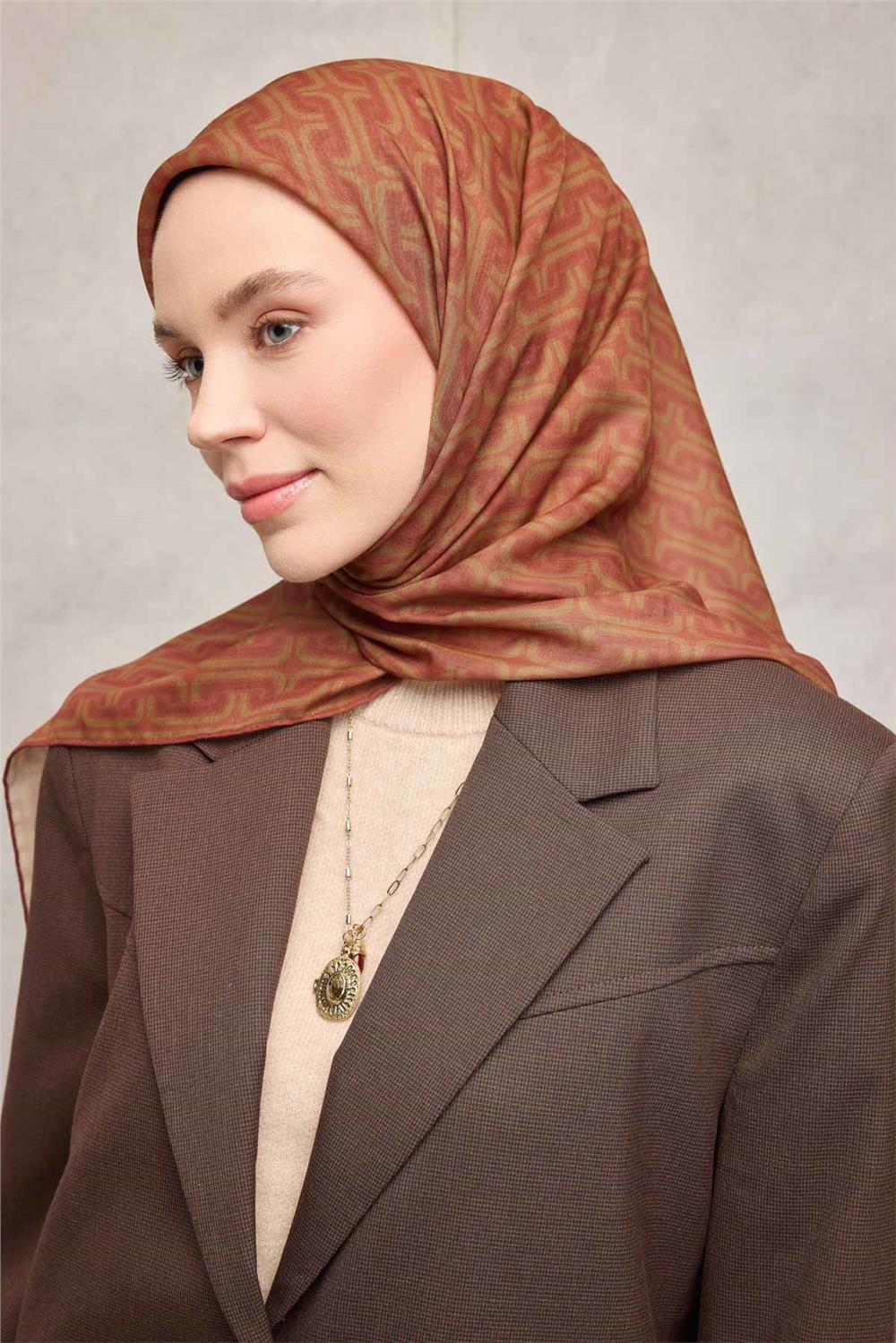 Pamuk Polyester Soft Eşarp Geometrik Desen Turuncu 90x90