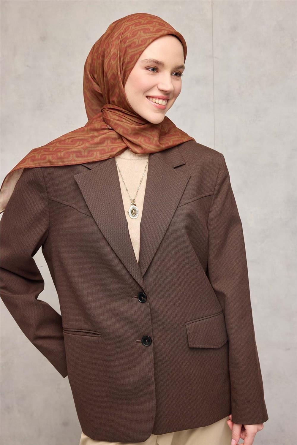 Pamuk Polyester Soft Eşarp Geometrik Desen Turuncu 90x90